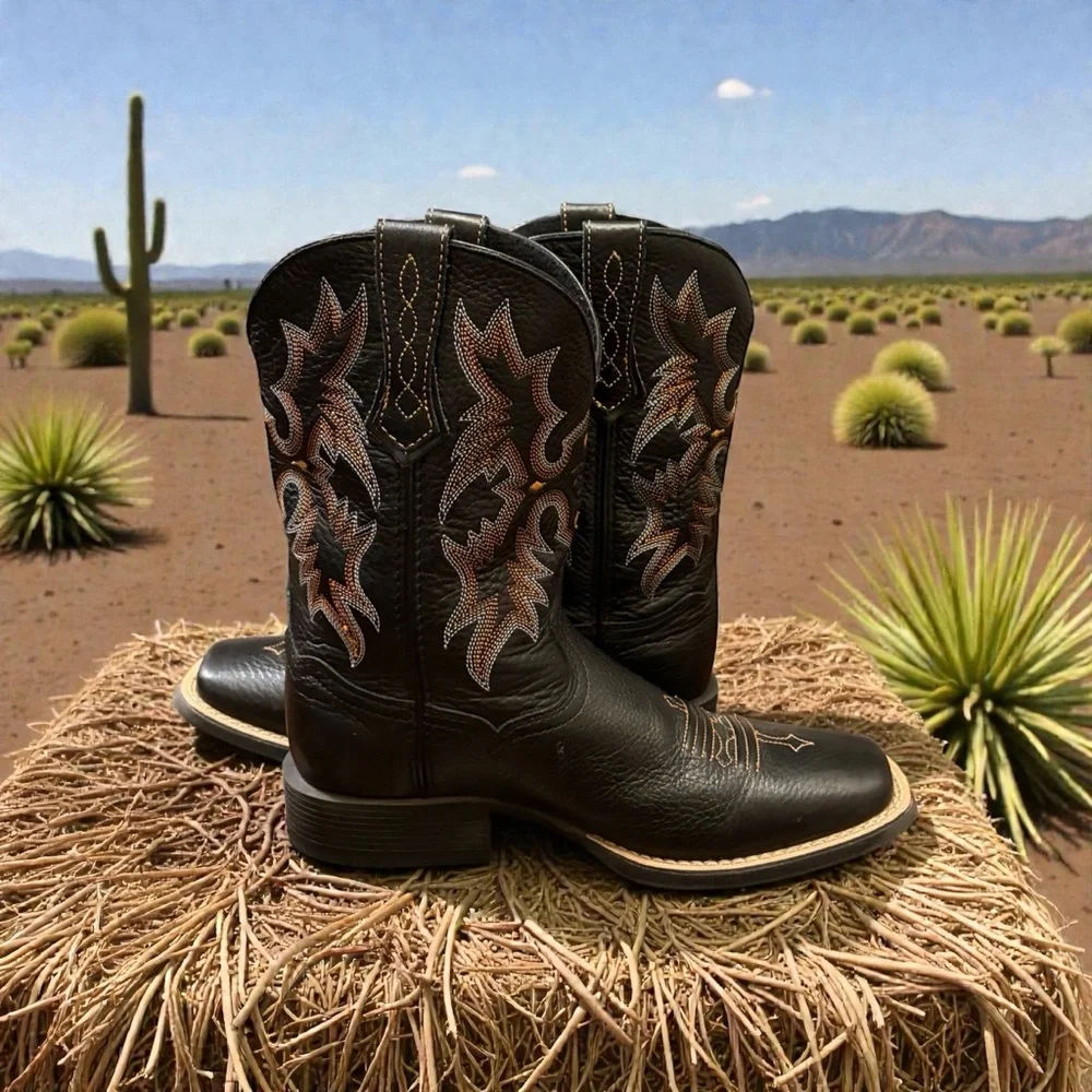 Ariat Boys Square Toe Tombstone Leather Western Cowboy Boots